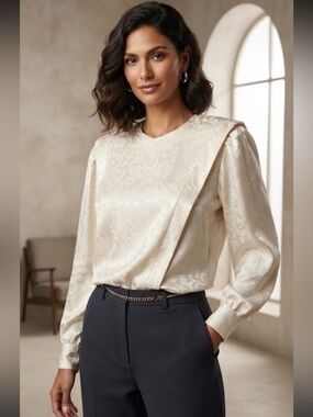 Vintage 80s Cream Damask Jacquard Blouse with Padded Shoulders | Bonwit Teller Q